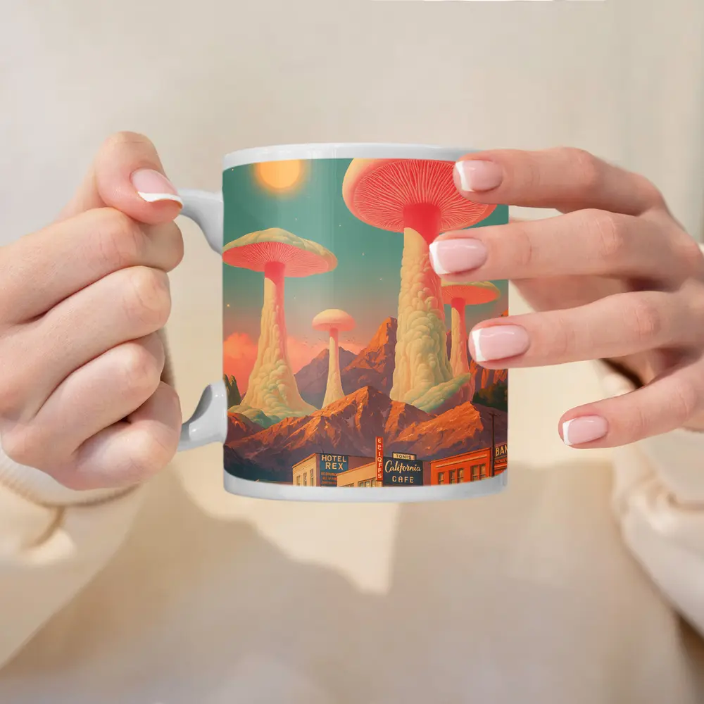 Giant Mushrooms Over Retro California Desert Town – Mugs