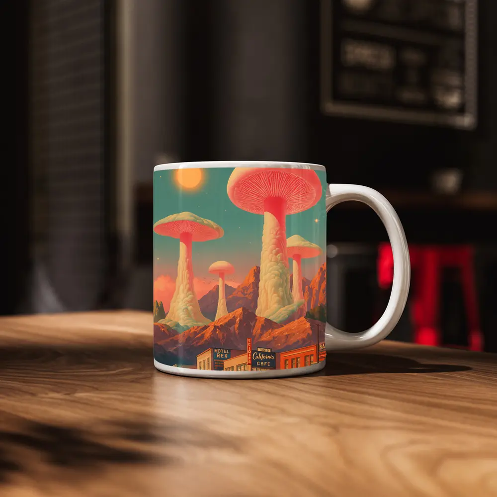 Giant Mushrooms Over Retro California Desert Town – Mugs