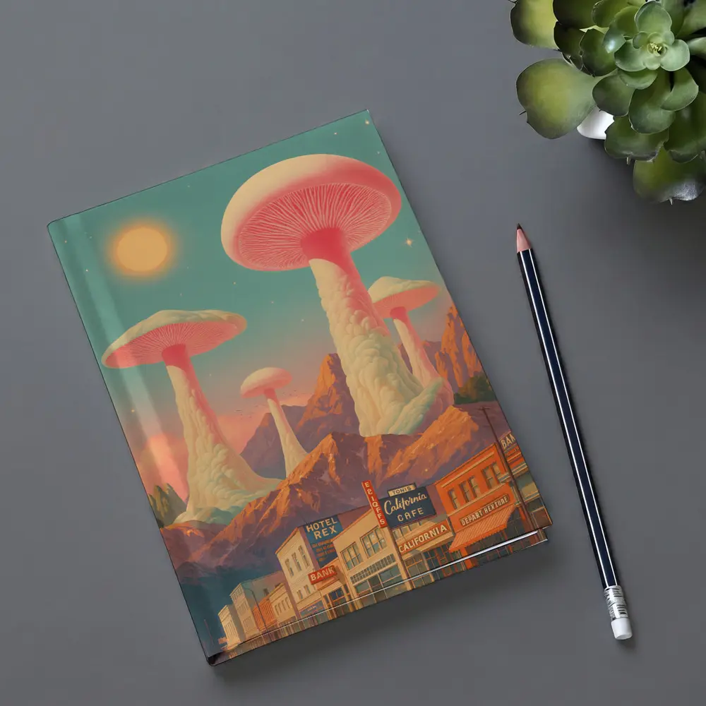 Giant Mushrooms Over Retro California Desert Town – Notebooks