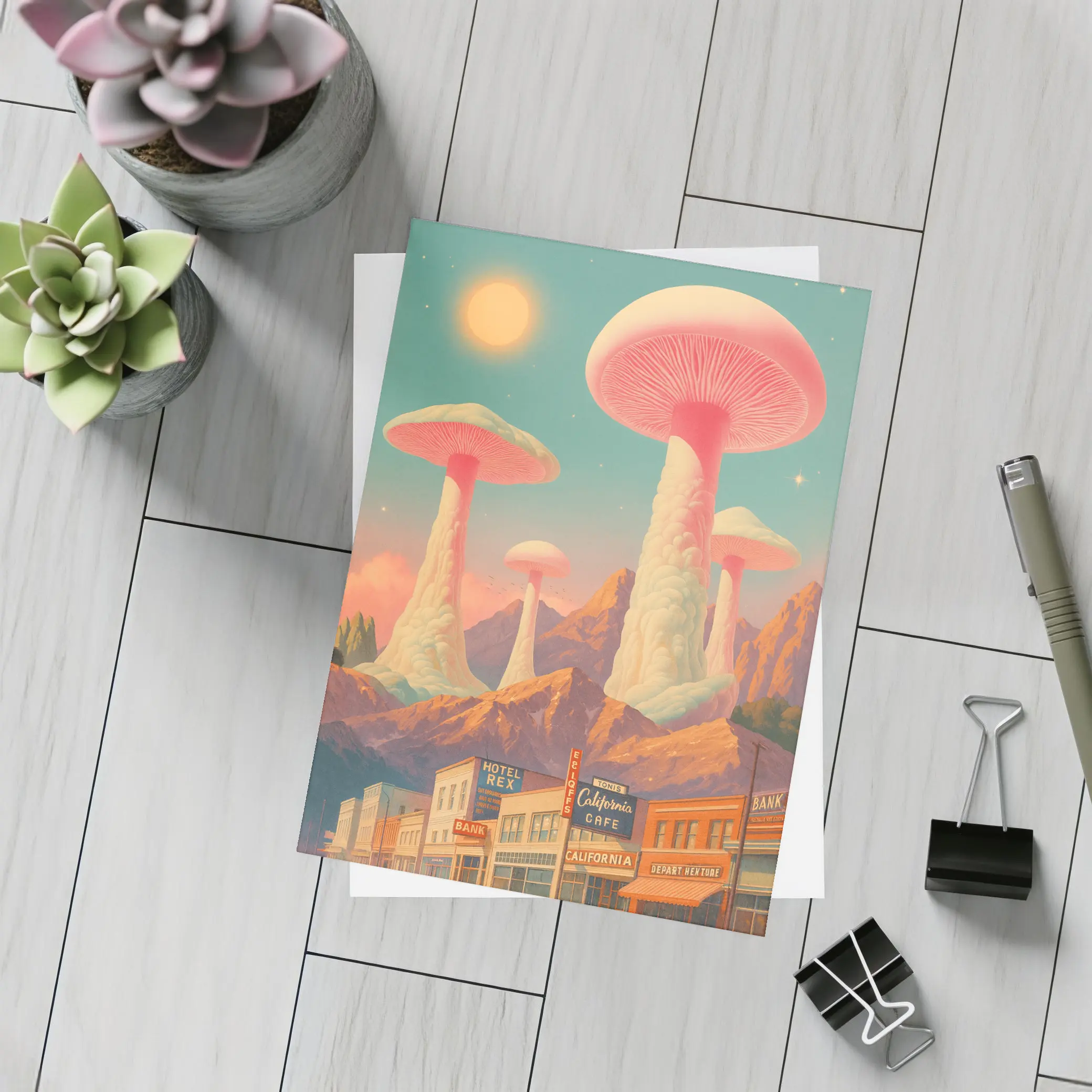 Giant Mushrooms Over Retro California Desert Town – Postcards