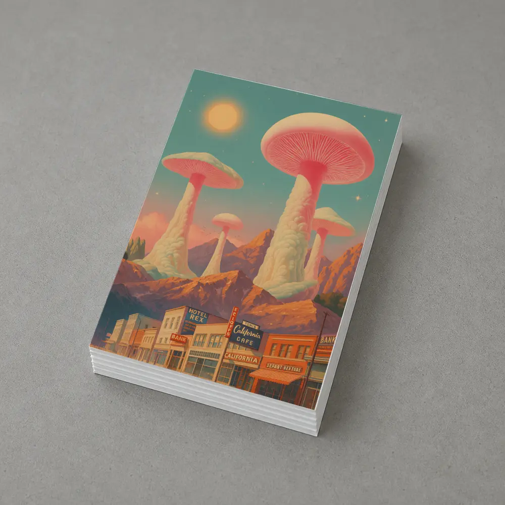 Giant Mushrooms Over Retro California Desert Town – Postcards