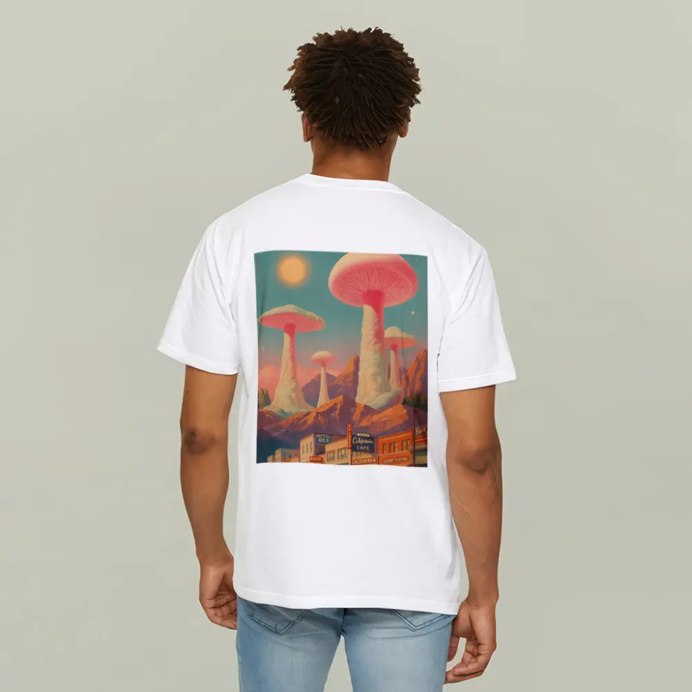 Giant Mushrooms Over Retro California Desert Town – T-Shirts