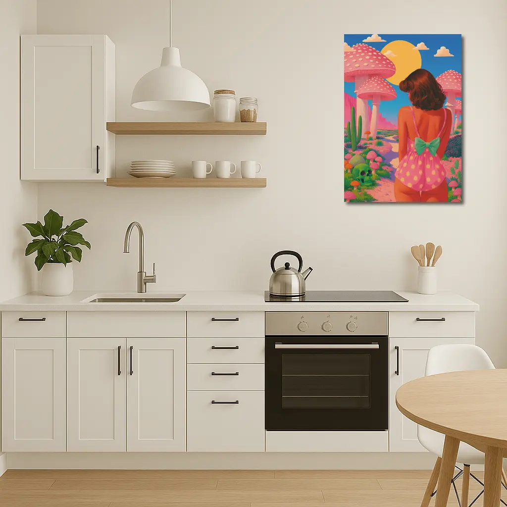 Retro Girl Pink Mushroom Fantasy Desert Scene – Wall Art