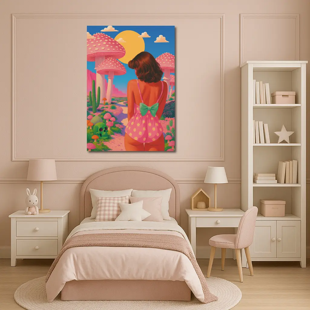 Retro Girl Pink Mushroom Fantasy Desert Scene – Wall Art