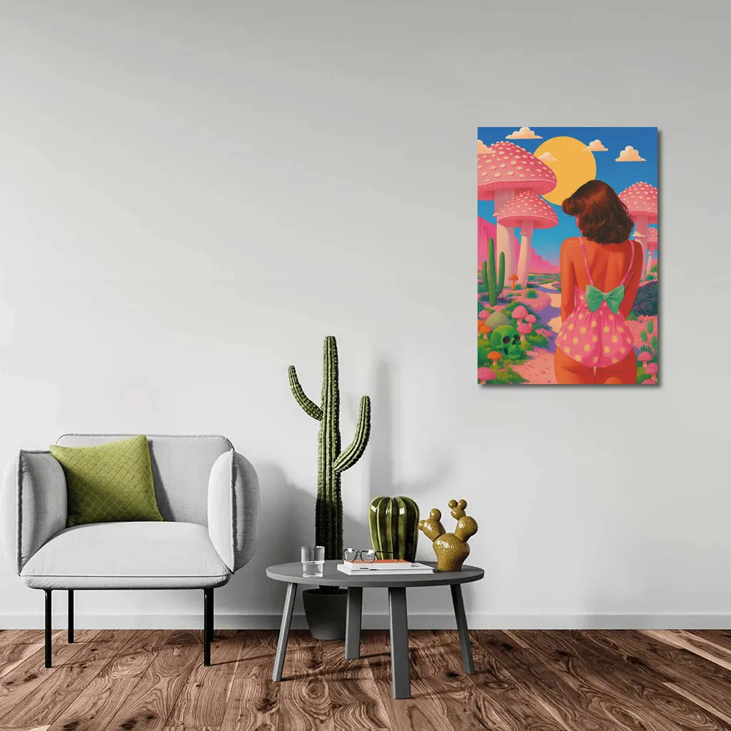 Retro Girl Pink Mushroom Fantasy Desert Scene – Wall Art