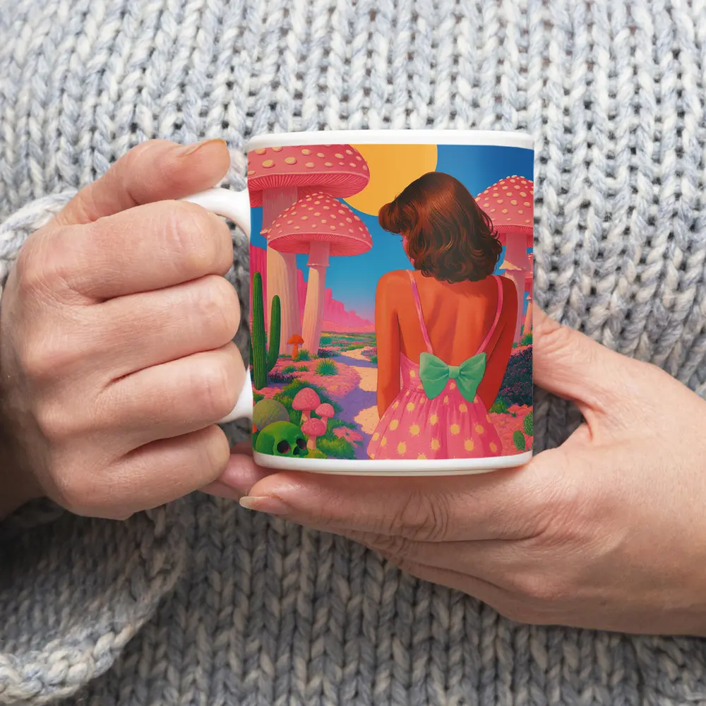Retro Girl Pink Mushroom Fantasy Desert Scene – Mugs