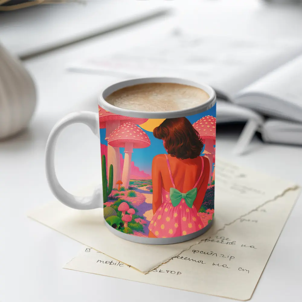 Retro Girl Pink Mushroom Fantasy Desert Scene – Mugs