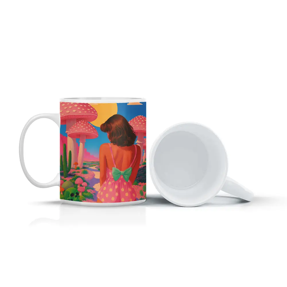 Retro Girl Pink Mushroom Fantasy Desert Scene – Mugs