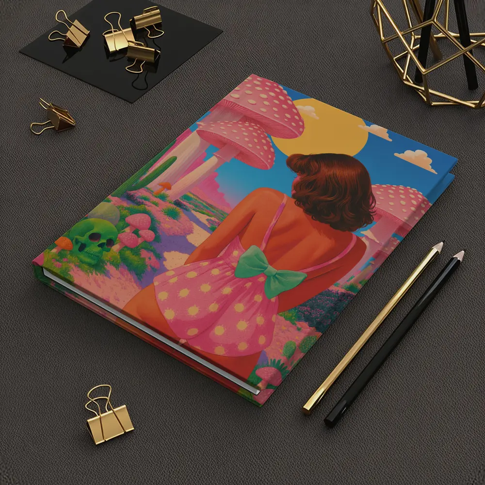 Retro Girl Pink Mushroom Fantasy Desert Scene – Notebooks