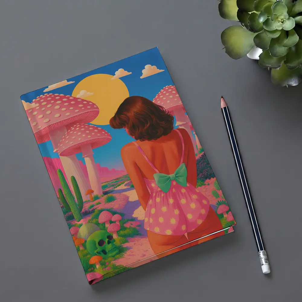 Retro Girl Pink Mushroom Fantasy Desert Scene – Notebooks
