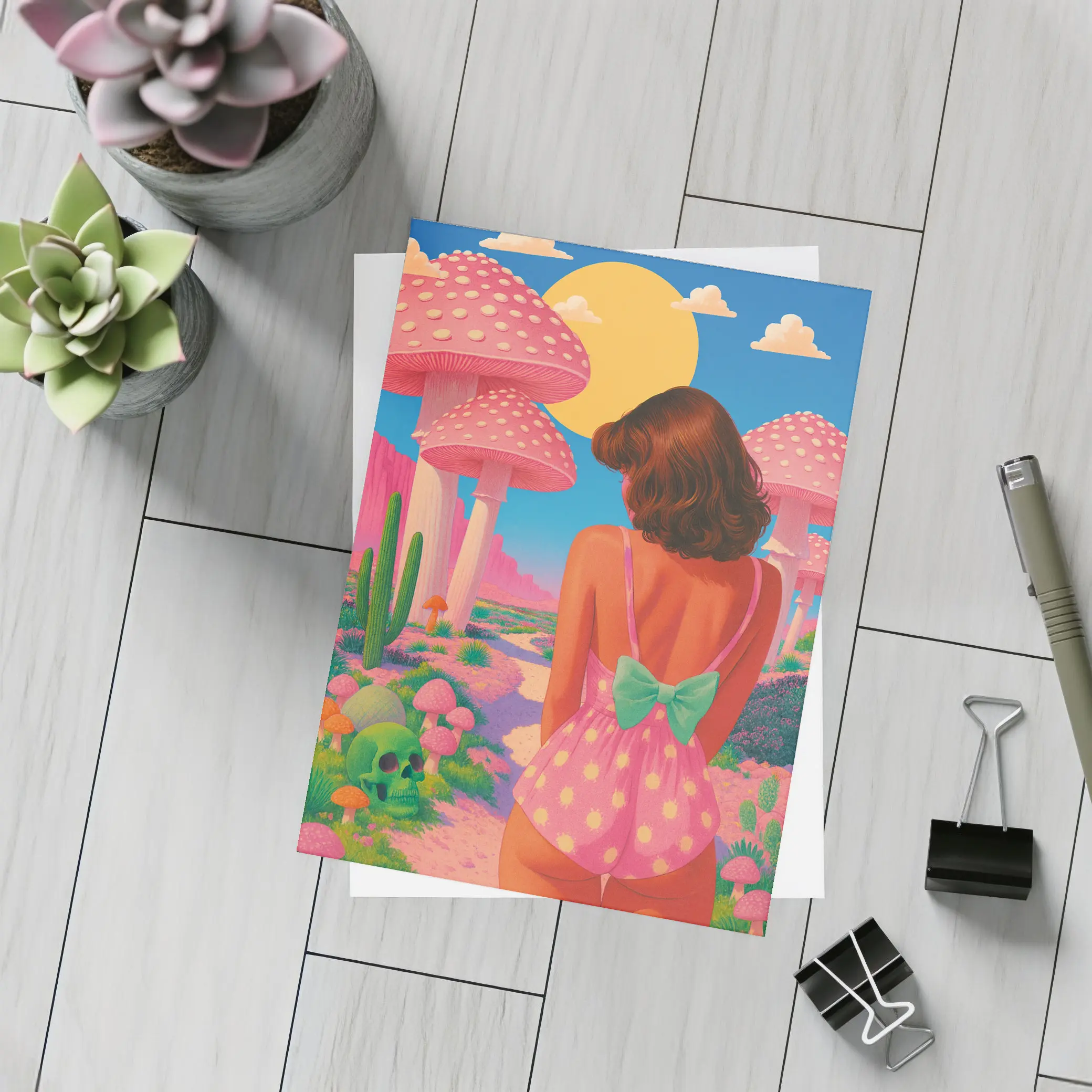 Retro Girl Pink Mushroom Fantasy Desert Scene – Postcards