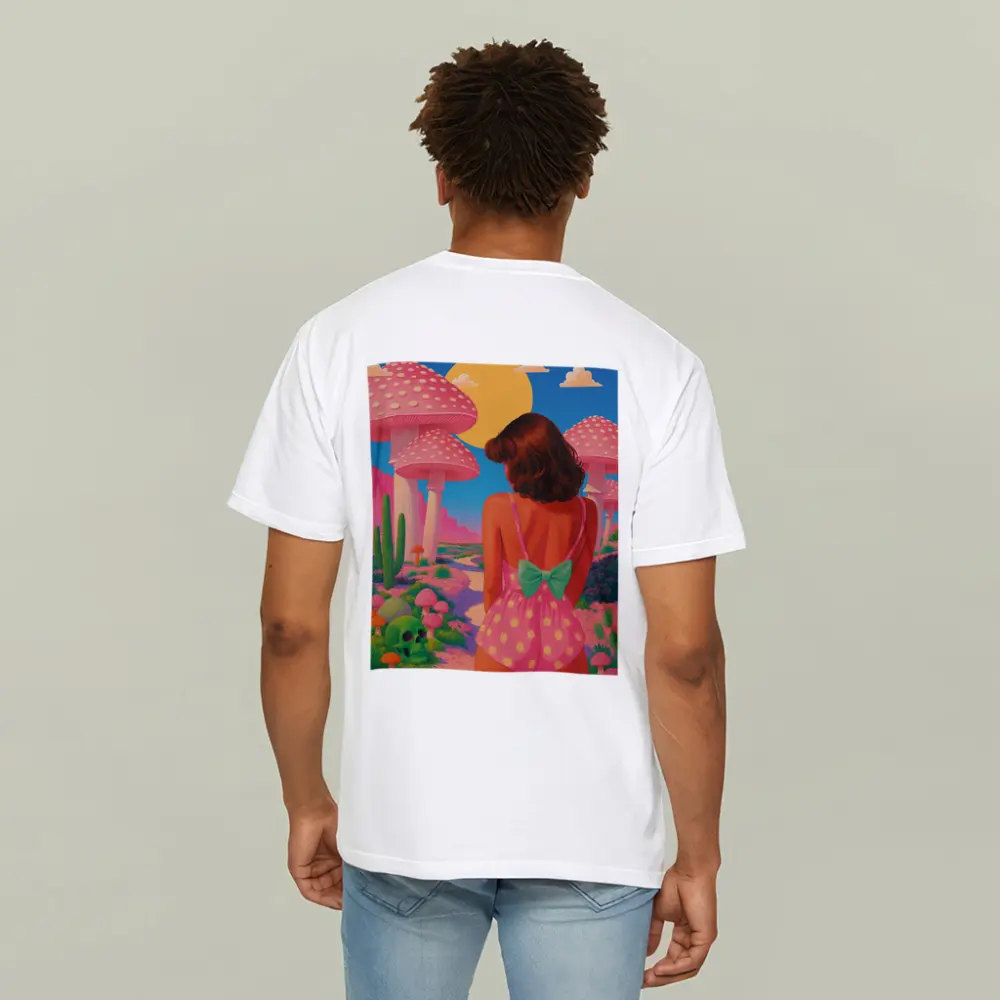Retro Girl Pink Mushroom Fantasy Desert Scene – T-Shirts