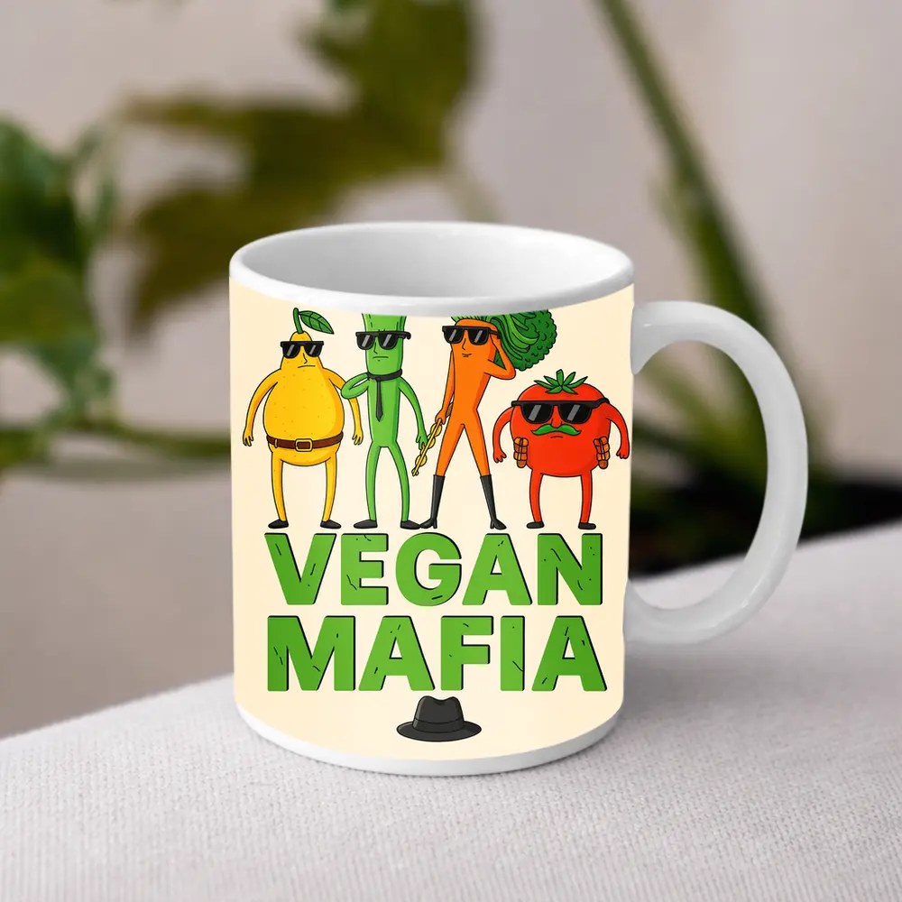 Vegan Mafia Funny Vegetable Characters Cartoon Art – Mugs