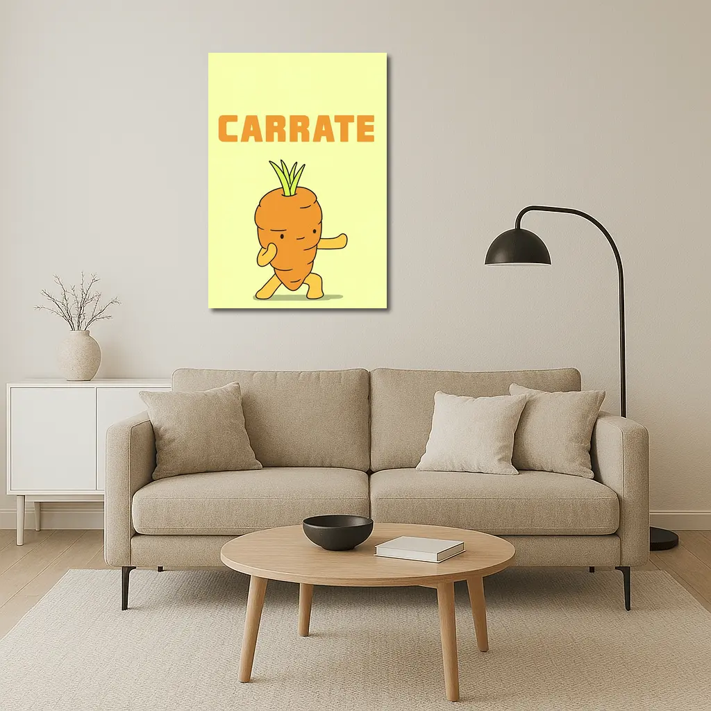 Funny Carrot Karate Cartoon Yellow Background – Wall Art
