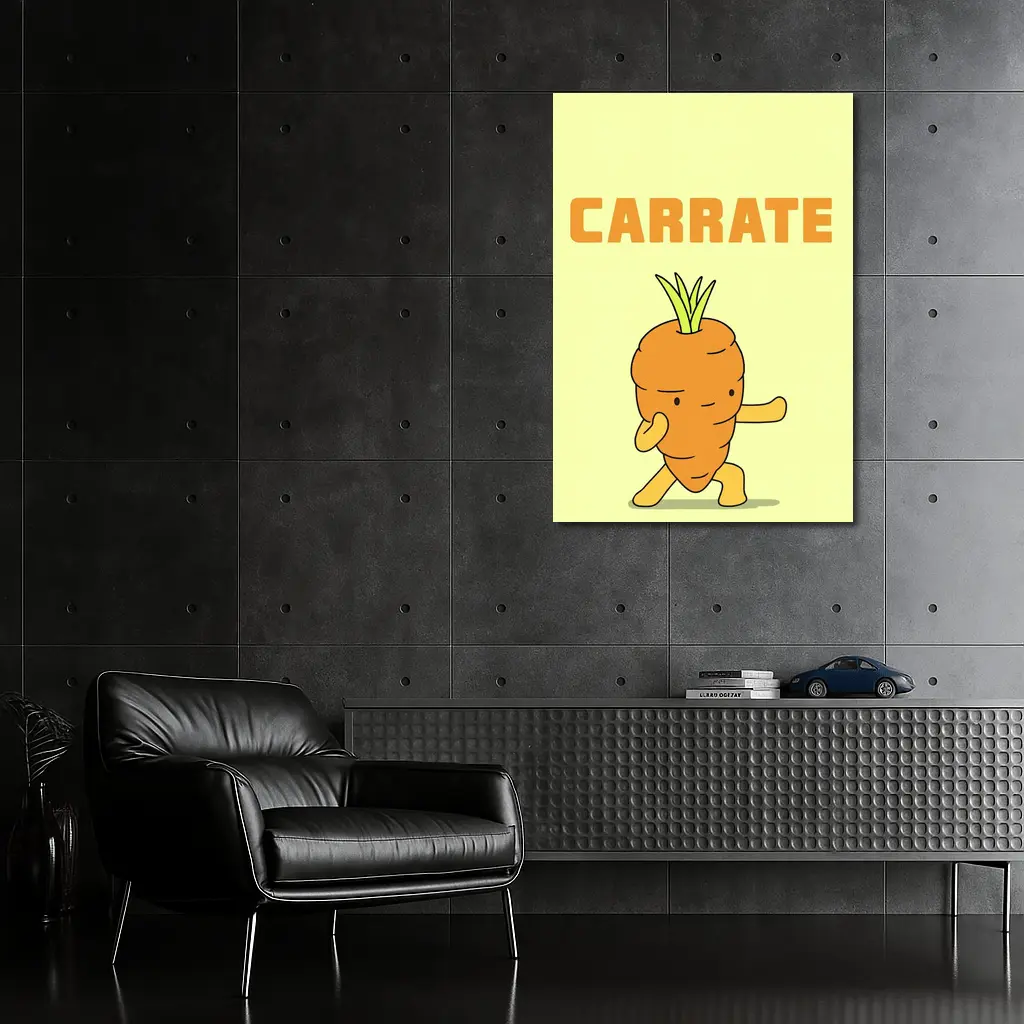 Funny Carrot Karate Cartoon Yellow Background – Wall Art