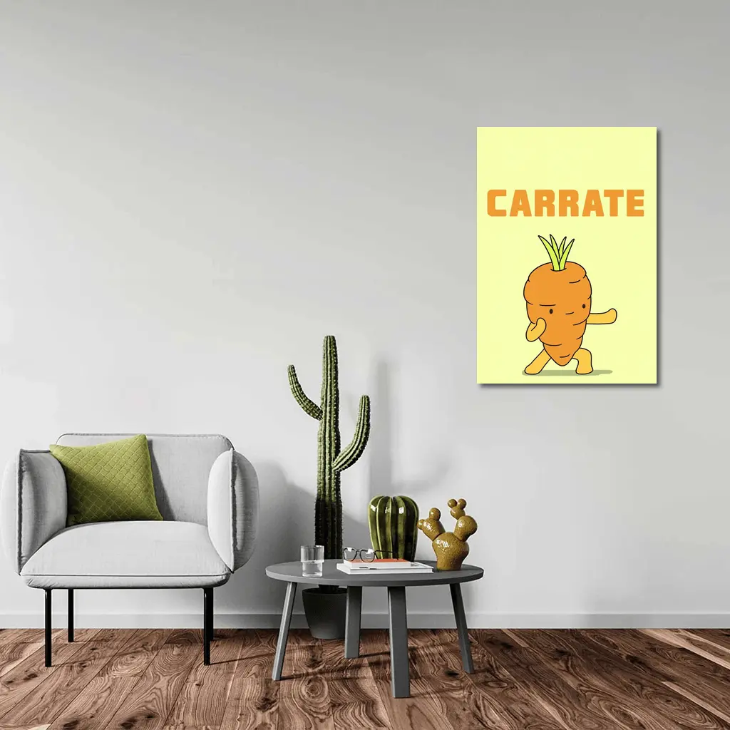 Funny Carrot Karate Cartoon Yellow Background – Wall Art