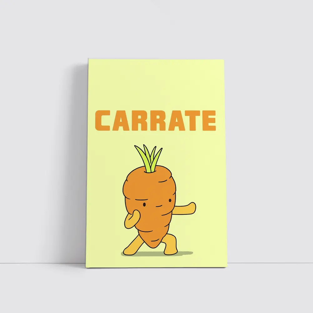 Funny Carrot Karate Cartoon Yellow Background – Wall Art