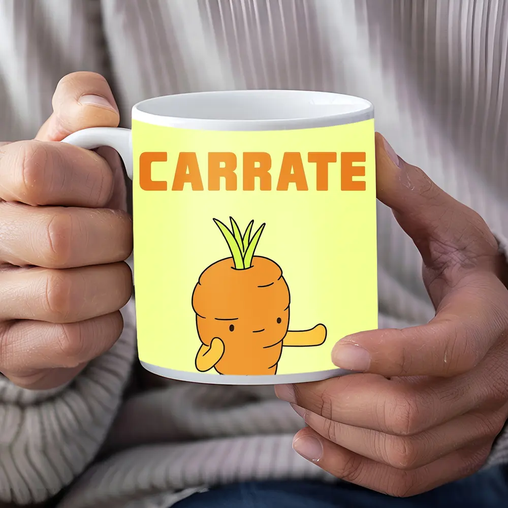 Funny Carrot Karate Cartoon Yellow Background – Mugs
