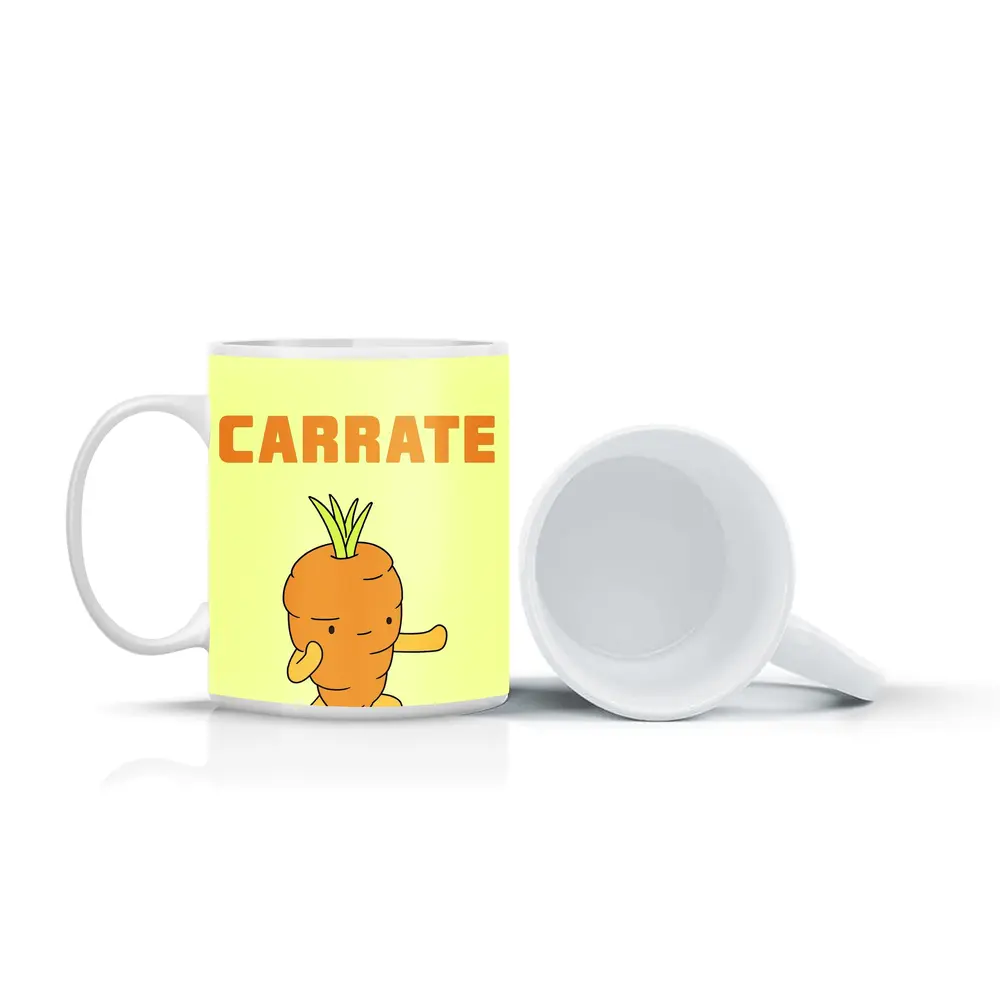 Funny Carrot Karate Cartoon Yellow Background – Mugs