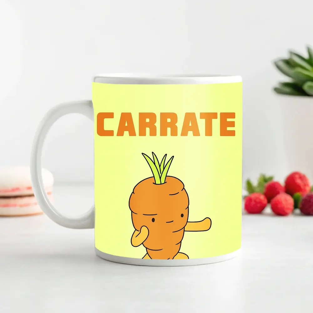 Funny Carrot Karate Cartoon Yellow Background – Mugs