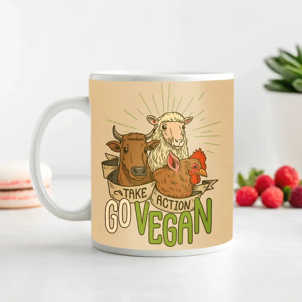Go Vegan Take Action Farm Animals Illustration – Mugs