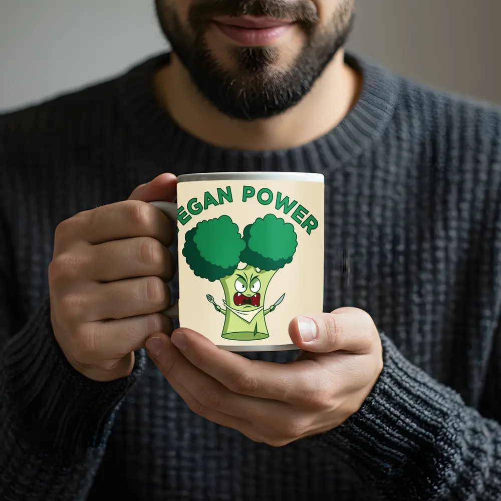 Angry Broccoli Character Vegan Power Art – Mugs