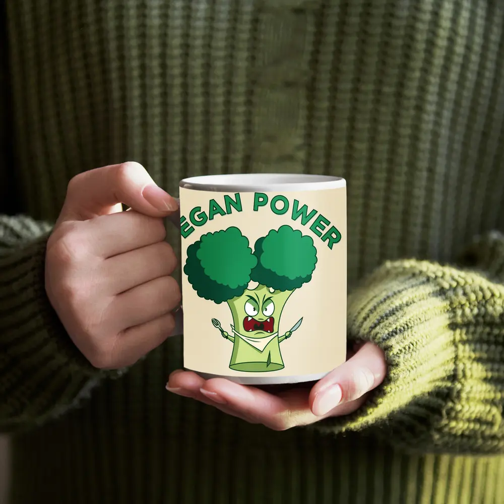 Angry Broccoli Character Vegan Power Art – Mugs