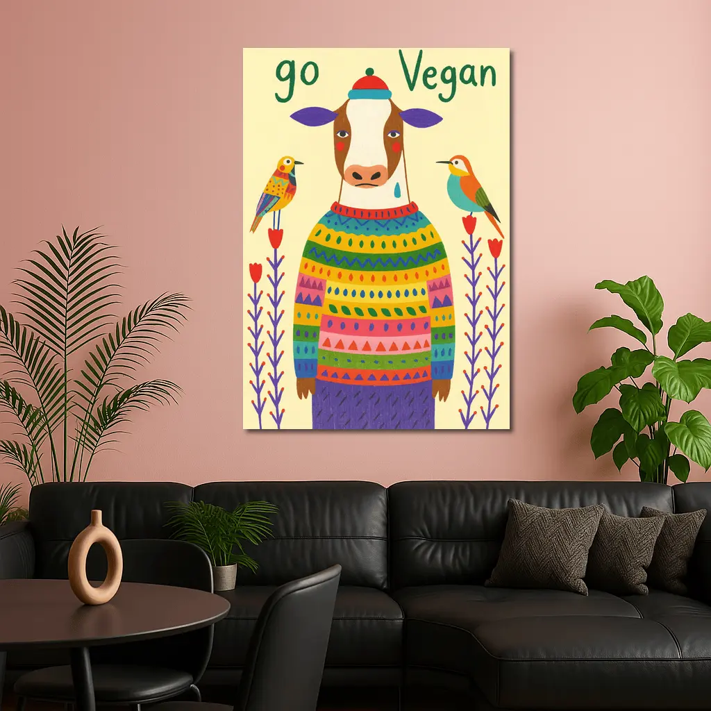 Go Vegan Cow Colorful Sweater Folk Art – Wall Art
