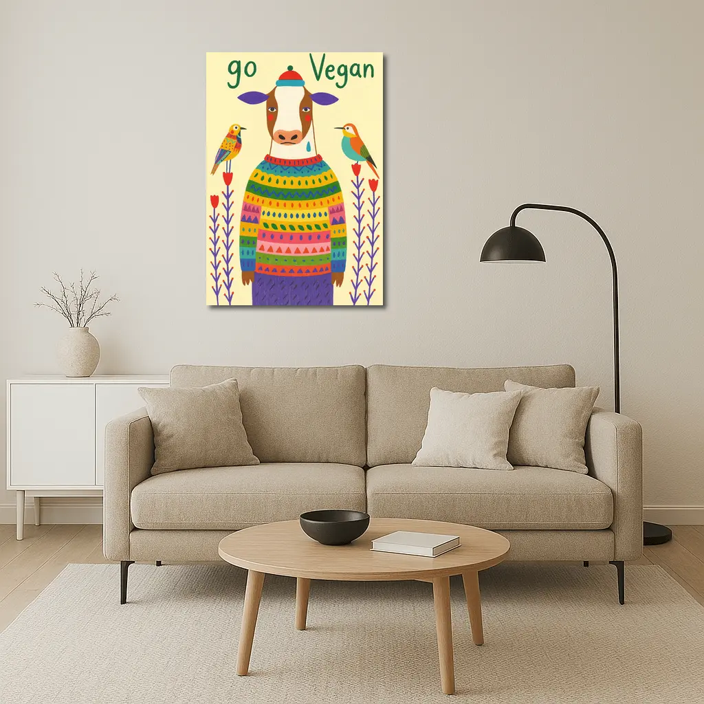 Go Vegan Cow Colorful Sweater Folk Art – Wall Art