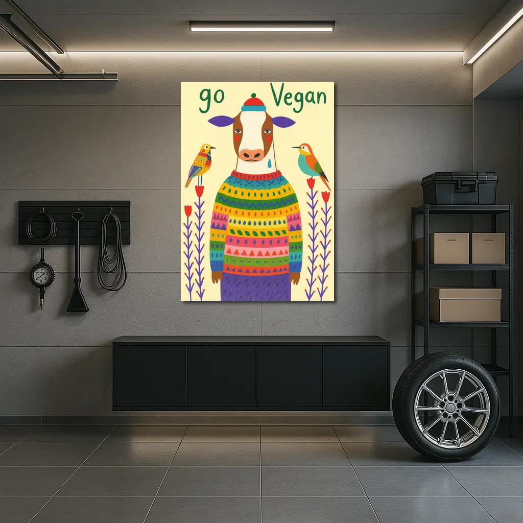 Go Vegan Cow Colorful Sweater Folk Art – Wall Art