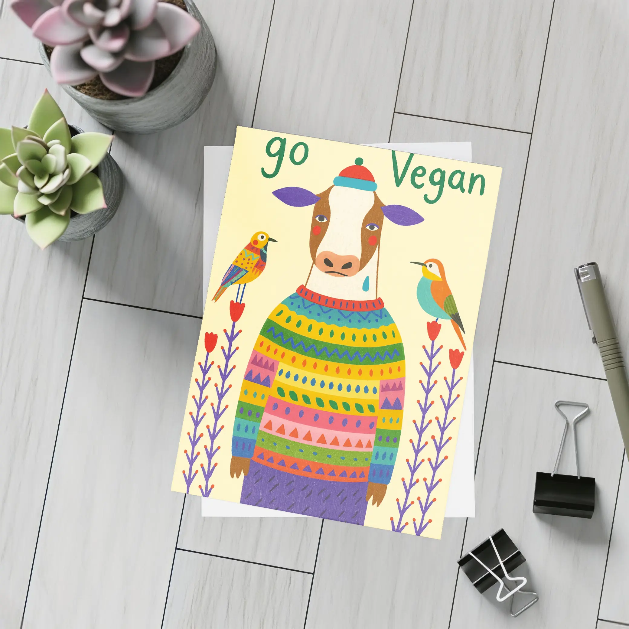 Go Vegan Cow Colorful Sweater Folk Art – Postcards