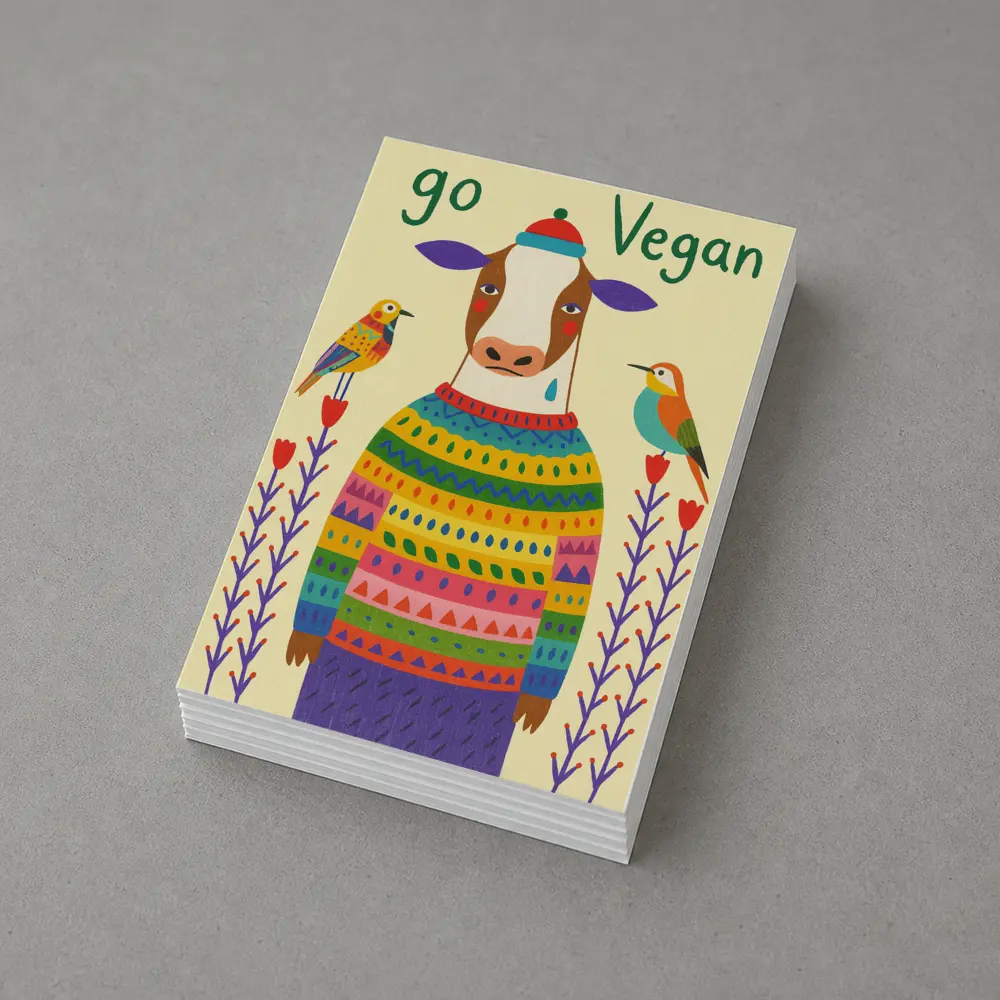 Go Vegan Cow Colorful Sweater Folk Art – Postcards