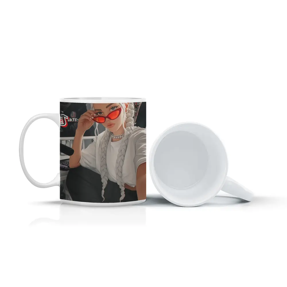 Anime Girl White Braids Red Sunglasses – Mugs