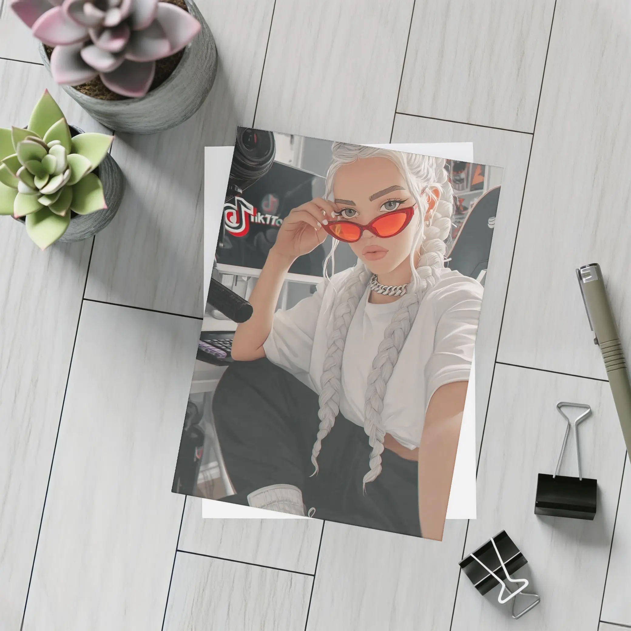 Anime Girl White Braids Red Sunglasses – Postcards