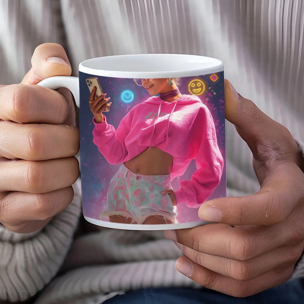 Trendy Girl Neon Social Media Digital Art – Mugs