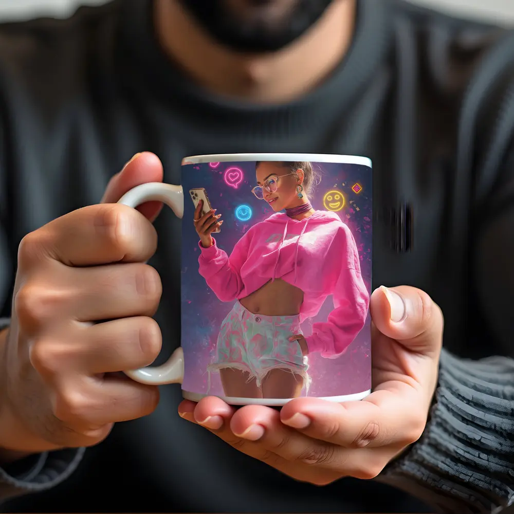 Trendy Girl Neon Social Media Digital Art – Mugs