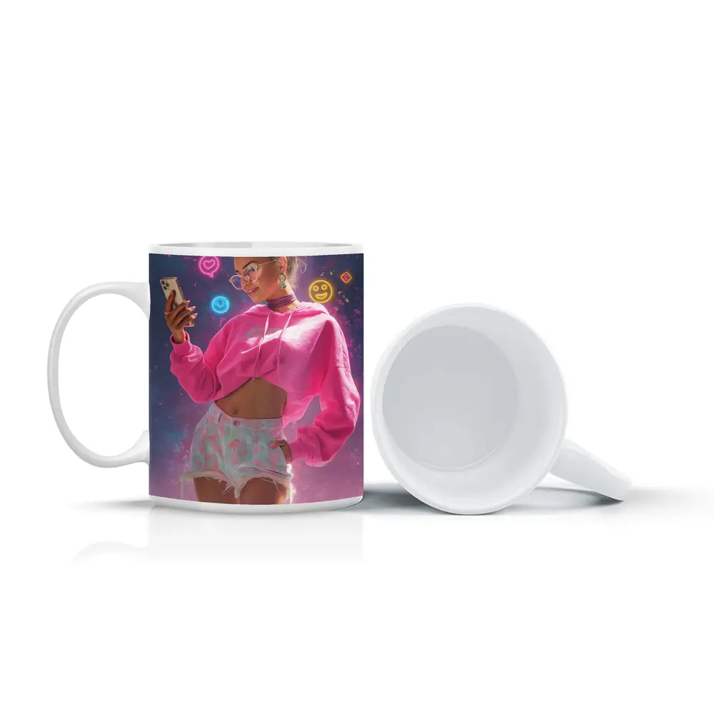 Trendy Girl Neon Social Media Digital Art – Mugs