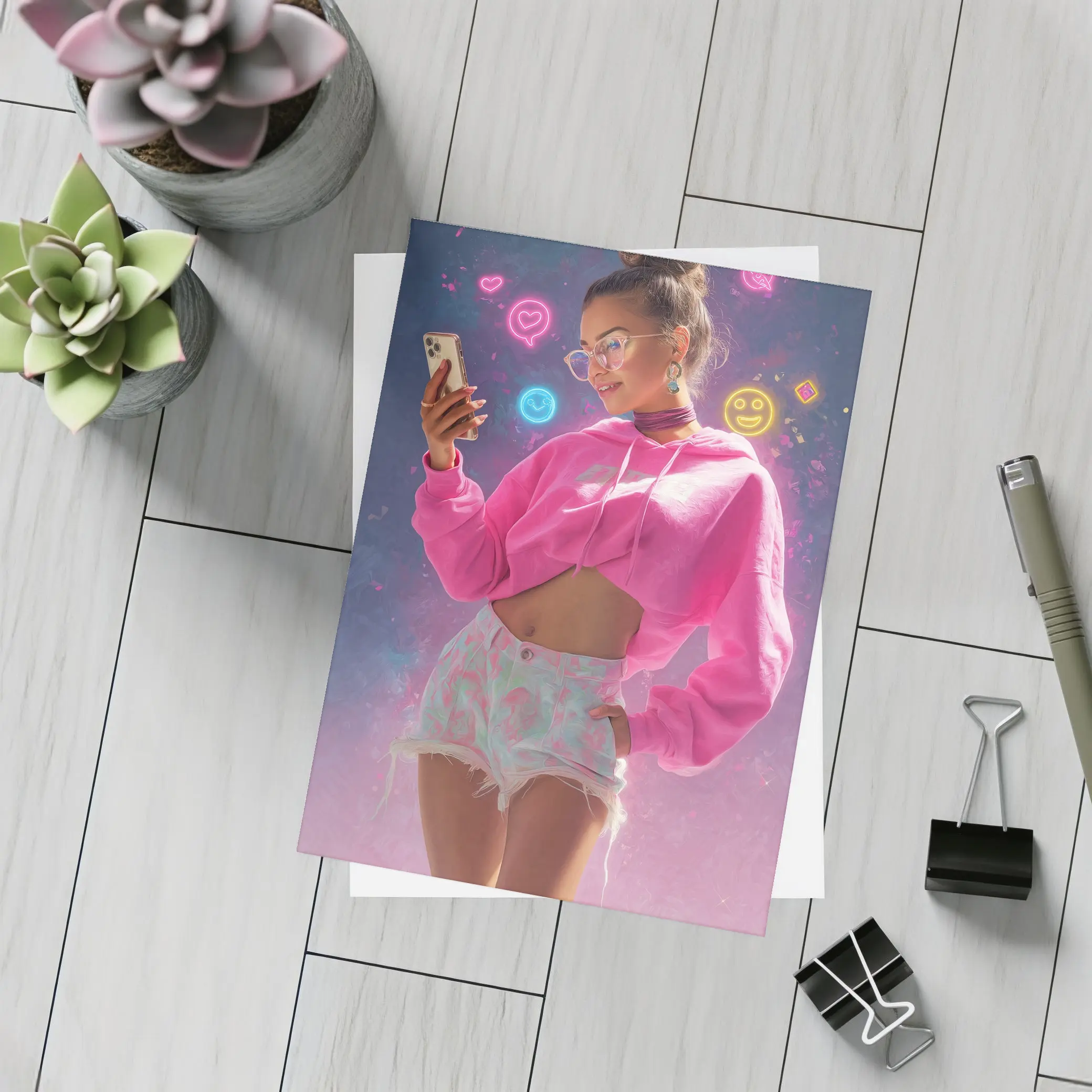 Trendy Girl Neon Social Media Digital Art – Postcards