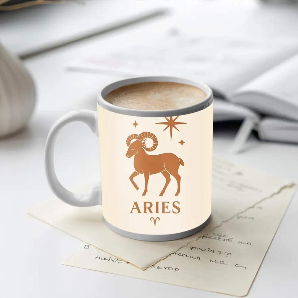 Aries Zodiac Ram Star Boho Beige Art – Mugs
