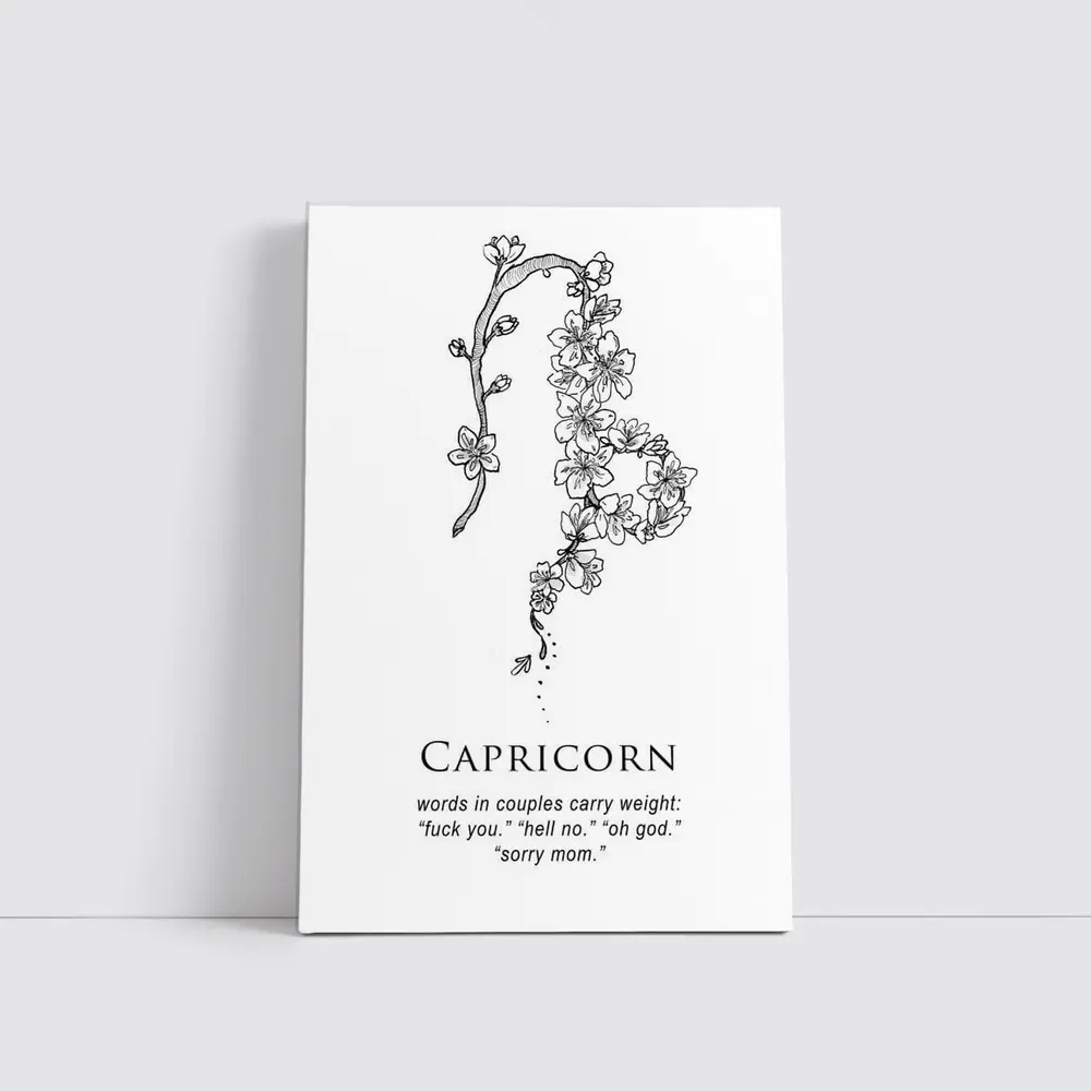 Capricorn Zodiac Floral Botanical Black White – Wall Art