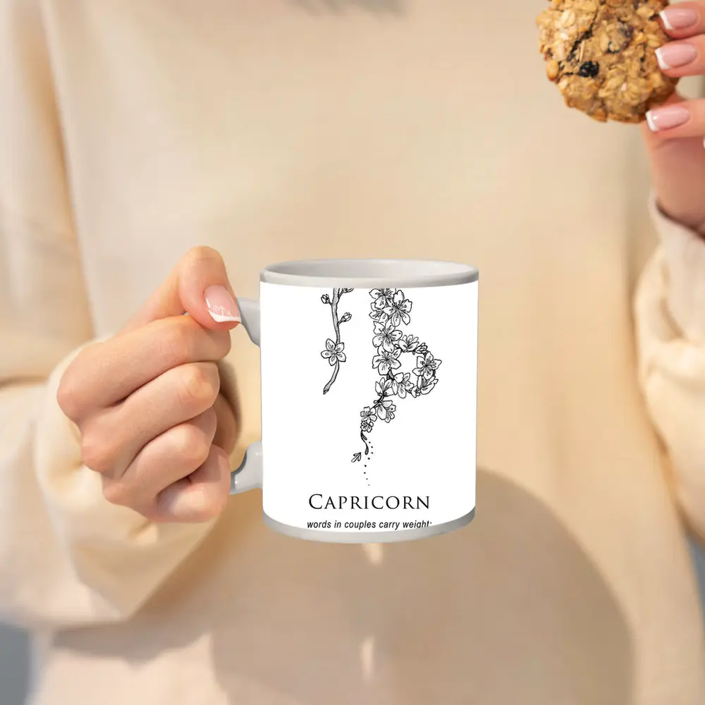 Capricorn Zodiac Floral Botanical Black White – Mugs