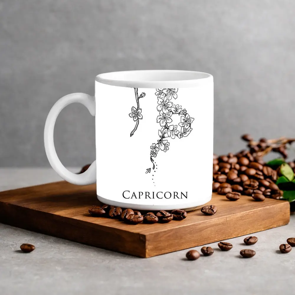 Capricorn Zodiac Floral Botanical Black White – Mugs