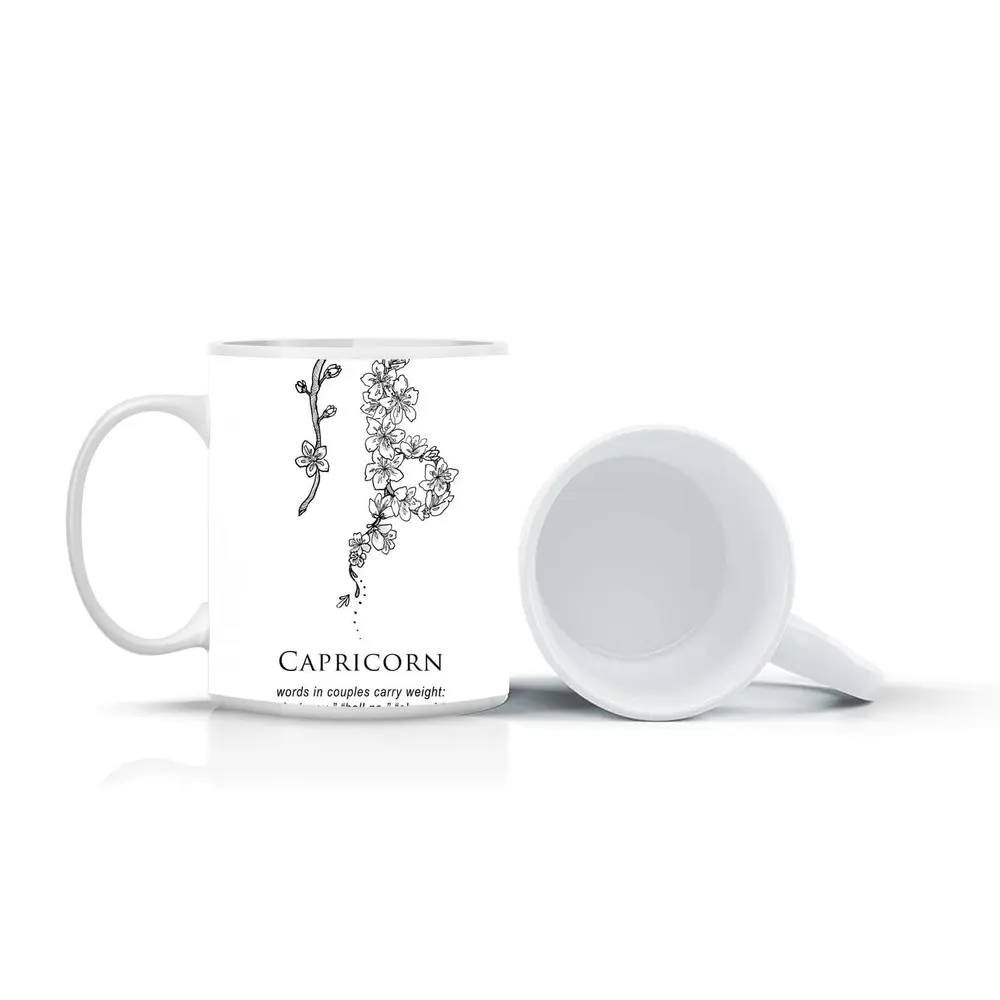 Capricorn Zodiac Floral Botanical Black White – Mugs