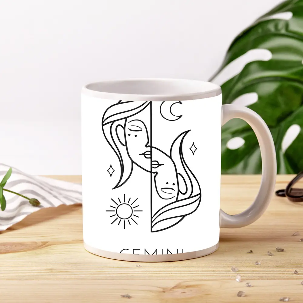 Gemini Zodiac Sign Line Art White – Mugs