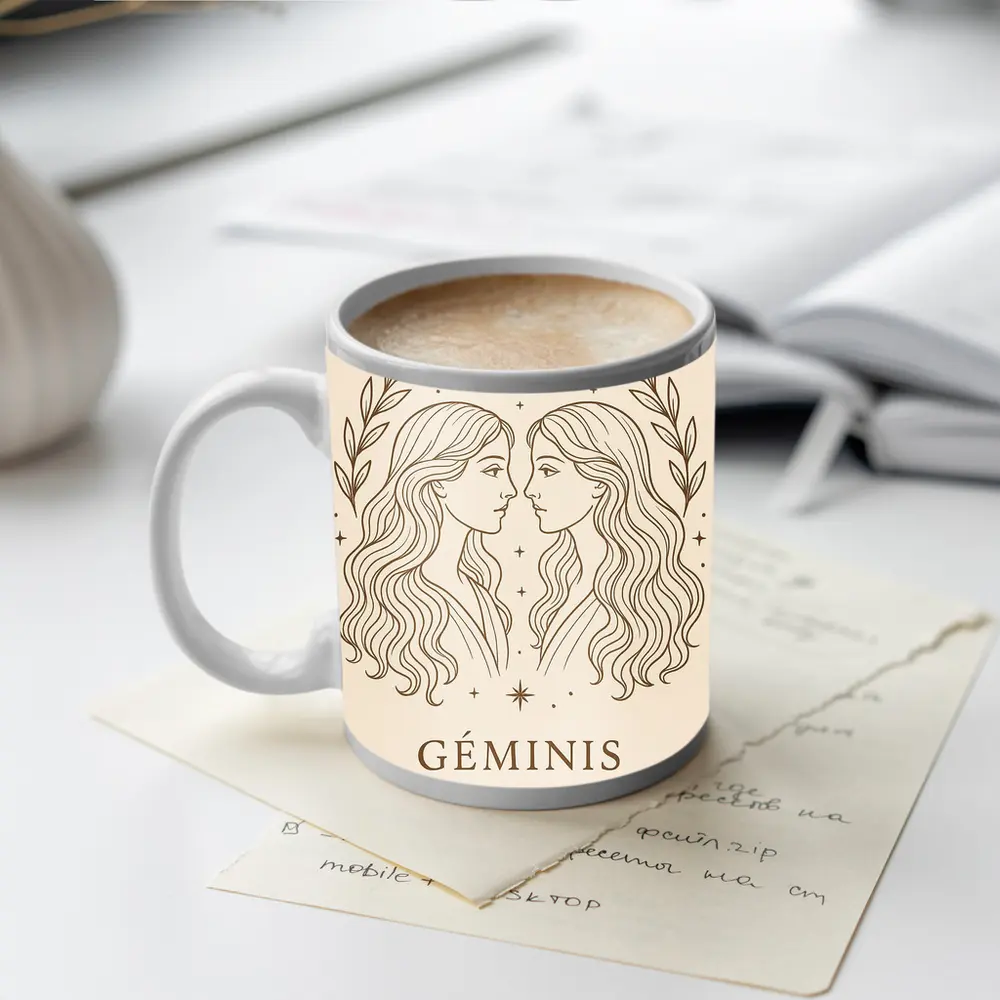 Gemini Zodiac Sign Line Art Beige – Mugs