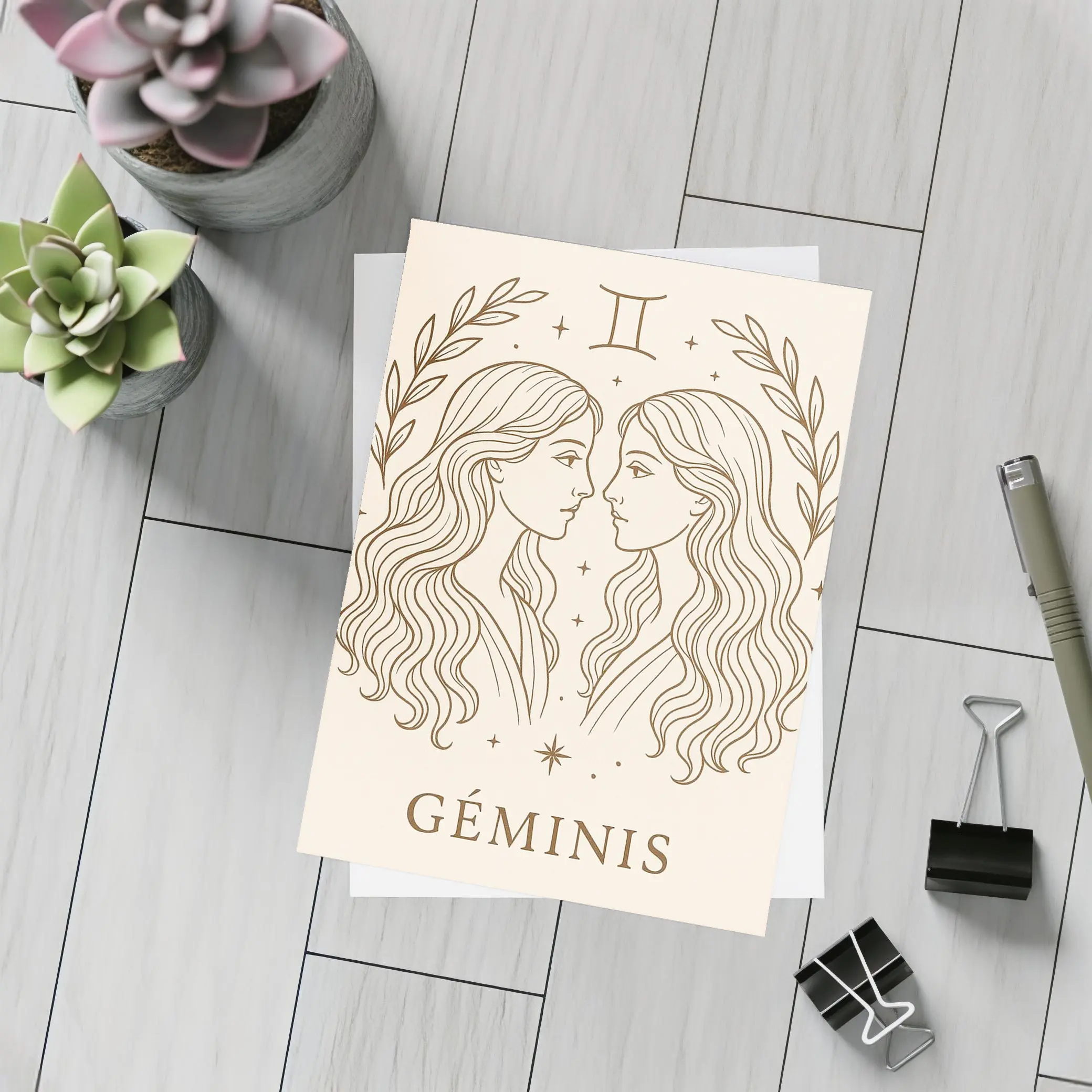 Gemini Zodiac Sign Line Art Beige – Postcards