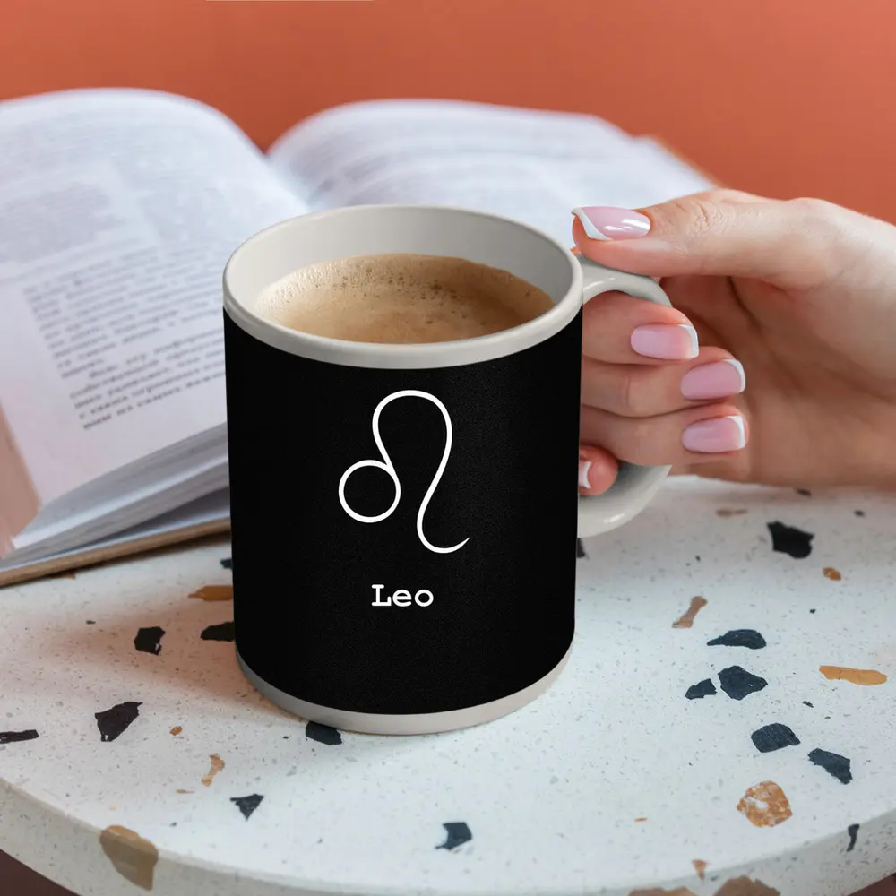 Leo Zodiac Symbol White On Black – Mugs