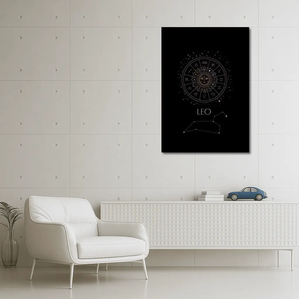 Leo Zodiac Wheel Constellation Black Background – Wall Art