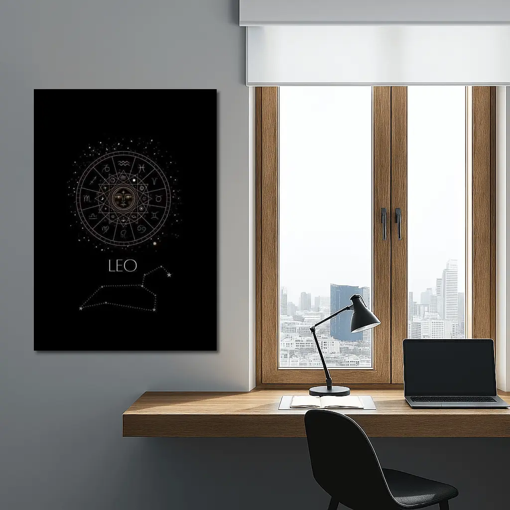 Leo Zodiac Wheel Constellation Black Background – Wall Art
