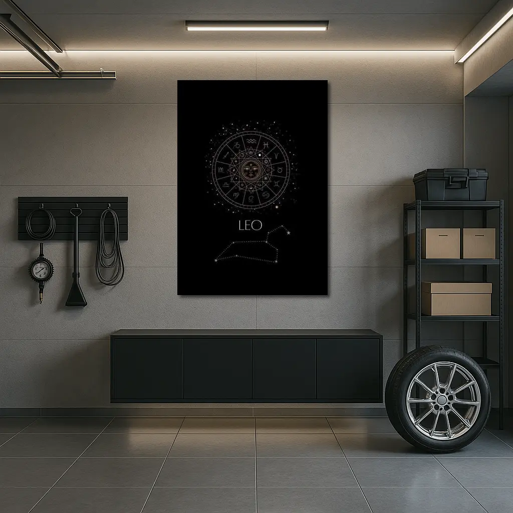 Leo Zodiac Wheel Constellation Black Background – Wall Art